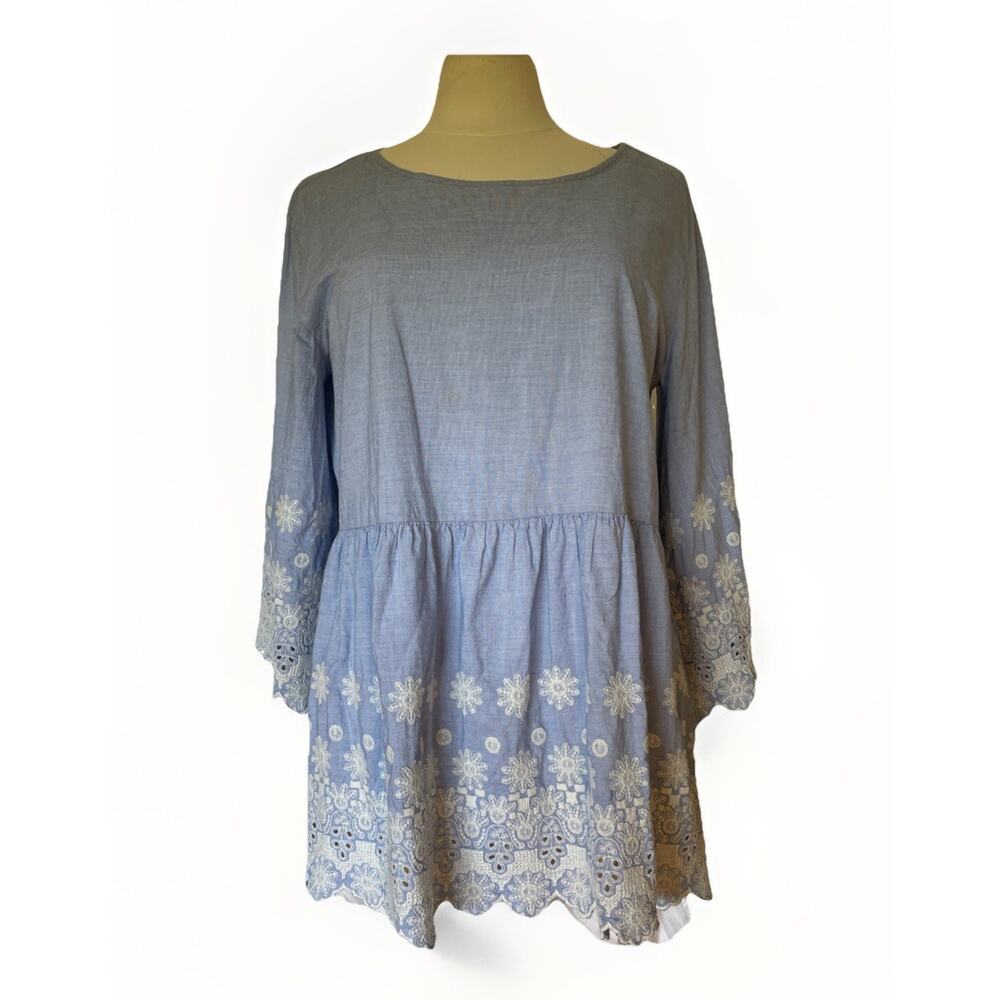Sweet Magnolia Cotton Embroidery Top X Large Light Blue Eyelet Trim 3/4 Sleeves